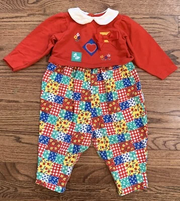 Mameluco de una pieza vintage Buster marrón para bebés niñas 18 m rojo retazos EE. UU. Foto 1 de 3