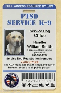 PTSD SERVICE DOG ID CARD ASSISTENZA ANIMALI ID BADGE ADA K-9 TAG # 1 PTSD - Foto 1 di 3