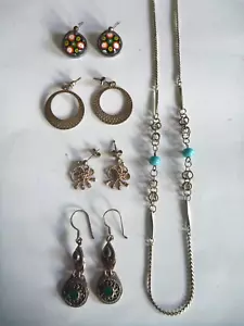 Vintage Silver Necklace Earrings: Dangle Turquoise Milleflori Green Boho Job Lot - Picture 1 of 19