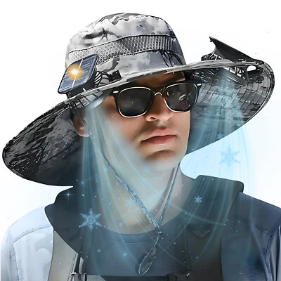 Ventilador Solar Sombrero Exterior Pesca Sol Cubo con Doble Alimentado USB con Red Cabezal Foto 1 de 4