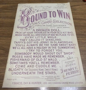 Vintage 1916 BOUND TO WIN Grand Selection. Arr. for the Piano by Henry E Pether - Bild 1 von 3
