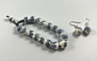 Ceramic Womens Bracelet White & Blue Chinese Symbols Letters & Matching Earrings