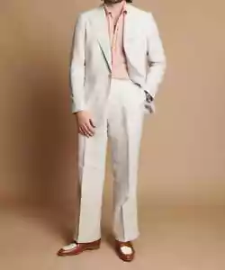 Fashion Beige Summer Linen Men Suits Casual Fit Blazers Peak Lapel 2 Piece Sets - Picture 1 of 14