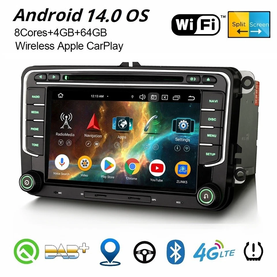 64GB Android 14 Autoradio WiFi Navi Für VW Passat CC Golf 5/6 Tiguan Skoda SEAT - Bild 1 von 4