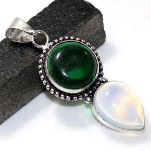 Fiery Opalite Green Topaz 925 Silver Plated Long Gemstone Pendant 2.1" AU M205 - Picture 1 of 3