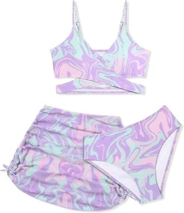 Girls Swimsuits 3 Piece Bathing Suit Allover Printed 15-16 Years, Purple - Picture 1 of 8