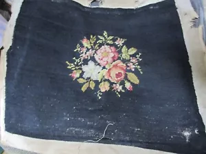 ""FLORAL ON BLACK, FINISHED VINTAGE NEEDLEPOINT CANVAS"" - 20 X 17 - Picture 1 of 2