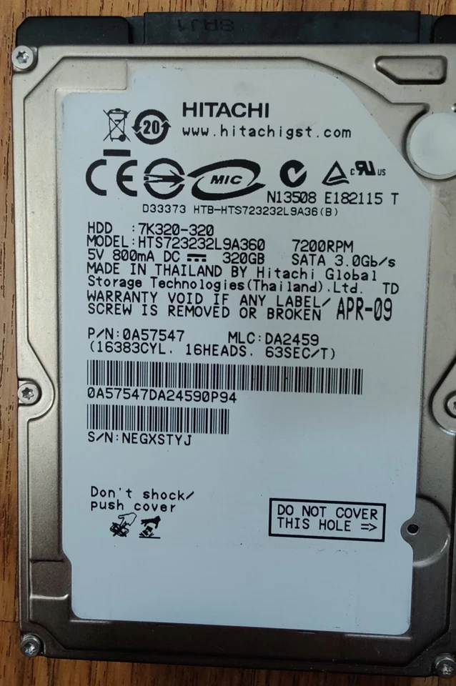 Hitachi 320GB 2.5" 7200 RPM SATA HTS723232L9A360 Laptop Drive TESTED & WIPED - Image 1 of 1