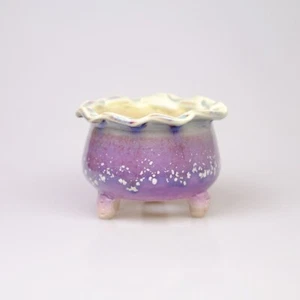 Three-Feet Purple Mini Ceramic Pot with Wave Edge Detail Handmade Planter With G - Picture 1 of 9
