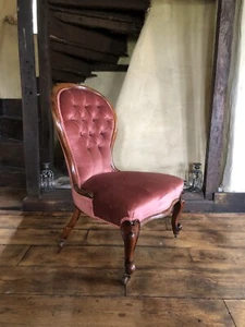 Antique Original Period Walnut Rose Pink Reading Lady's Nursing Fireside Chair - Picture 1 of 11