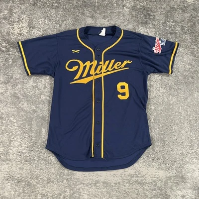 Мужская большая рекламная нашивка Miller Beer Baseball Jersey на темно-синей золотой пуговице спереди - Изображение 1 из 4