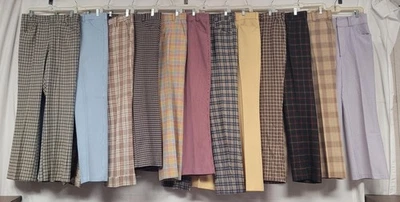 MENS LOT OF 20 VINTAGE 70s POLYESTER HIPPIE PANTS PLAID DISCO GEEK BELL LEVIS - Image 1 of 4