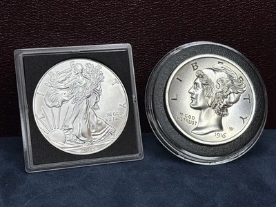 2015 BU Silver Eagle & 2 oz 999 High Relief 1916-D Mercury Dime Round in Capsule - Image 1 of 4