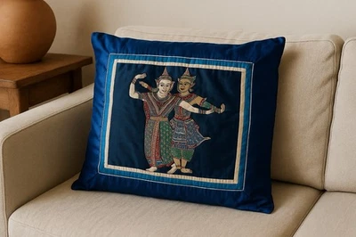 Thai Silk Throw Pillow Cover – Hand Embroidered Dancers – Blue Asian Decor - Image 1 of 4