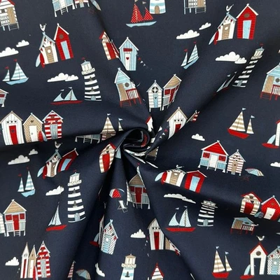 BEACH HUTS Polycotton Fabric NAVY BLUE Crafts - 3 metre length - Image 1 of 3