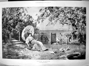 Alte Apfelblüte nach dem Bemalen Nachtigall Dame Sonnenschirm Tauben 190 viktorianisch - Bild 1 von 1