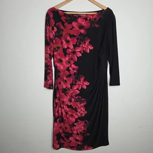 Ralph Lauren Gr. 18 schwarzes Kleid rot Blumenmuster 3/4 Arm gefüttert klassisch - Bild 1 von 12