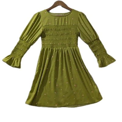 Urban Outfitters Smocked Mini Dress S-P Lime Green Floral Prairie Y2K Style - Image 1 of 4