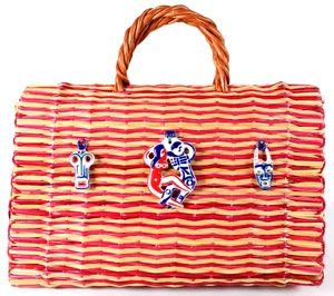 HEIMAT ATLANTICA Korbtasche natur & rot gestreift gewebt Schilf Talisman AMOR LARGE - Bild 1 von 22