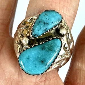 Herrenring Türkis Navajo Band Größe 10,25 zwei Steine 21 mm signiert ML Handarbeit nativ - Bild 1 von 10