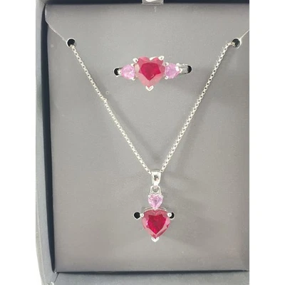 Beautiful Sterling Silver Pink Saphire and Ruby Hearts Ring and Necklace Set 7.5 - Image 1 of 3