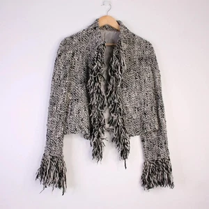 Vintage Serena Kay French Wool Fringe Jacket EU 42 Black White Boho Shaggy - Picture 1 of 9