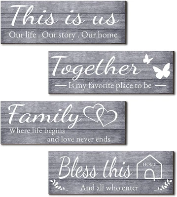4 Pieces Wall Decor Signs, Rustic Wooden Farmhouse Wall Art Décor, 4.7 x 13.8" Foto 1 de 4