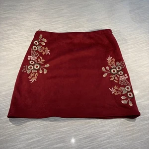 Fall Burgundy, Embroidered, Faux Suede Medium Skirt with side zip. Boho Trendy - Picture 1 of 6