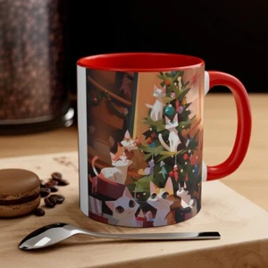 Bunter Kaffeebecher 11 Unzen Cartoon Katze Kätzchen feiern Weihnachten X-Mas Baum - Bild 1 von 21