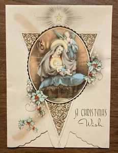 Tarjeta de felicitación de Feliz Navidad vintage de los años 40 María y Jesús pesebre Belén P2A - Imagen 1 de 24