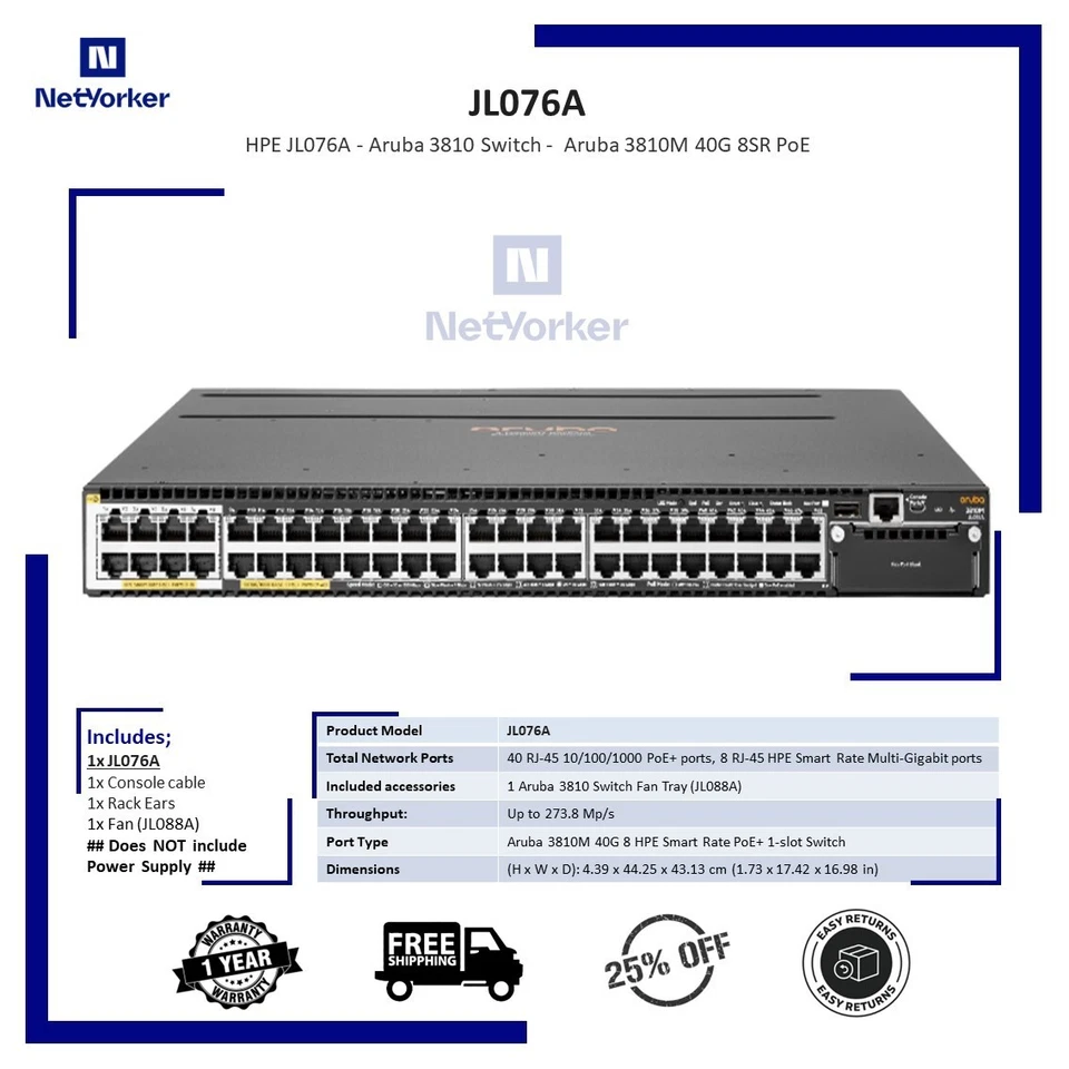 HP / Aruba JL076A  3810M 40G 8 HPE Smart Rate PoE+ 1-Slot Switch-Same Day Shipp - Image 1 of 1