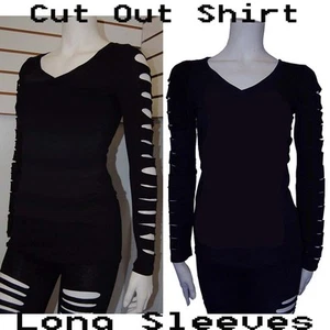 Neu ausgeschnittene gerissene Arme Langarmshirt Stretch schwarz Auswahl S bis 3XL Angebot!! - Bild 1 von 6