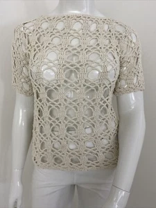 10-12 / M-L Boho Cream Macrame Crochet Open Knit Pure Cotton Short Sleeve Top - Picture 1 of 6