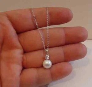 Pearl Solitaire Pendant 2Ct Round Cut Lab Created 18'' 14K White Gold Plated - Picture 1 of 12