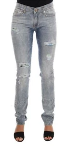 Versace Women Blue Wash Jeans Pants Cotton Blend Shabby Torn Stretch Trousers - Picture 1 of 10