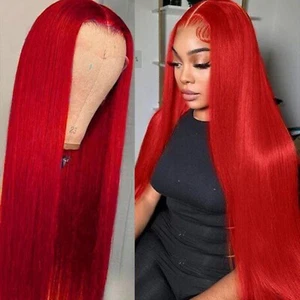 Damen Synthetische Spitze Perücken vorgerupft lange gerade rote Haare 13x4 klebriglos - Bild 1 von 4