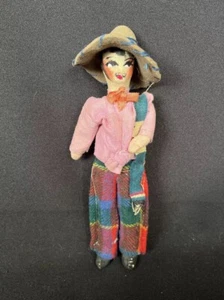 Vintage Folk Art Cloth Mexican Man 9” Doll Pink Shirt, Plaid Pants, Sombrero - Picture 1 of 7