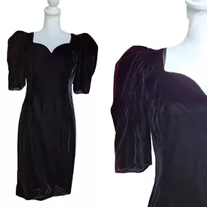 Vintage 90s Cachet Womens Size 6 Black Red Velvet Cocktail Dress Puff Sleeve LBD - Picture 1 of 13