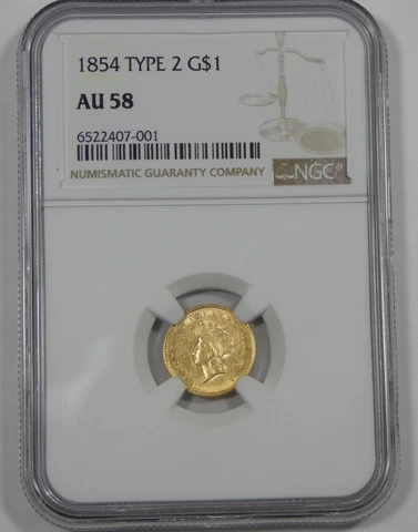 1854 Type-2 Liberty Head GOLD $1 CERTIFIED NGC AU 58 Cover