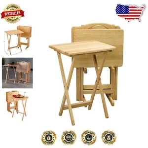5-Piece Solid Beechwood Snack Tables with Transport Handle - Space-Saving Design - Picture 1 of 6