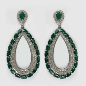 Pine Green 10.33CT Green Emerald & 2.95CT Pave CZ Pear Dangle Women's Earrings - Picture 1 of 5