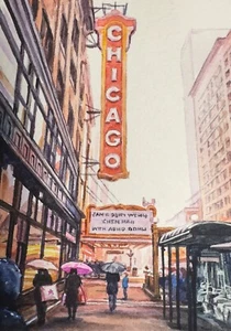 Watercolor Painting Chicago Theater Illinois Downtown ACEO Art No.74 - Picture 1 of 2