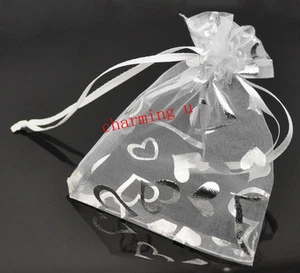 10pz sacchetti in organza e tessuto argento cuore colore bianco 12x10cm - Foto 1 di 1