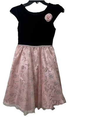 Jona Michelle 女孩天鹅绒黑色和粉红色正式蕾丝闪亮连衣裙 12 码 — 第 1/4 张图片