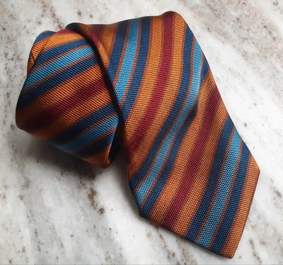 Corbata Bullock & Jones Jacquard de Seda 3.75" x 62" Azul Naranja Rayas Hecha en Italia Foto 1 de 4