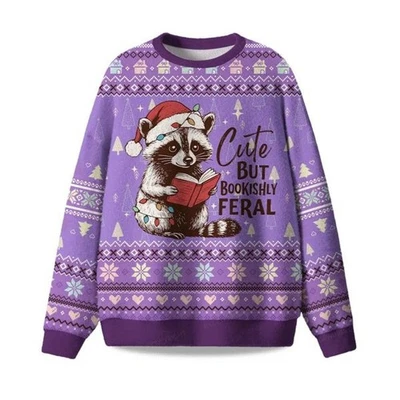2025 Cute But Bookishly Feral Raccoon Ugly Christmas Sweater - Image 1 of 4