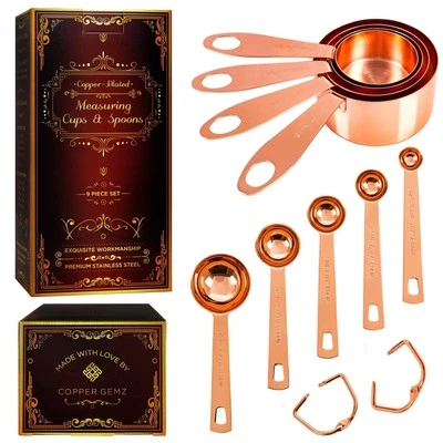 Juego de 9 tazas y cucharas medidoras de cobre - Embalaje de regalo premium + cocina Foto 1 de 4