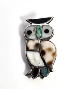 Owl Native American Zuni turquoise gemstone inlay Sterling silver vintage brooch - Picture 1 of 5