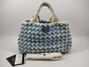 Borsa tote PRADA CANAPA RAFIA donna autenticità blu x bianca buone condizioni - Foto 1 di 14