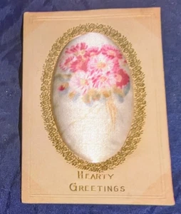 Antique Padded Postcard Hearty Greetings Floral Design Gold Gilt Flowers c.1910 - Picture 1 of 2